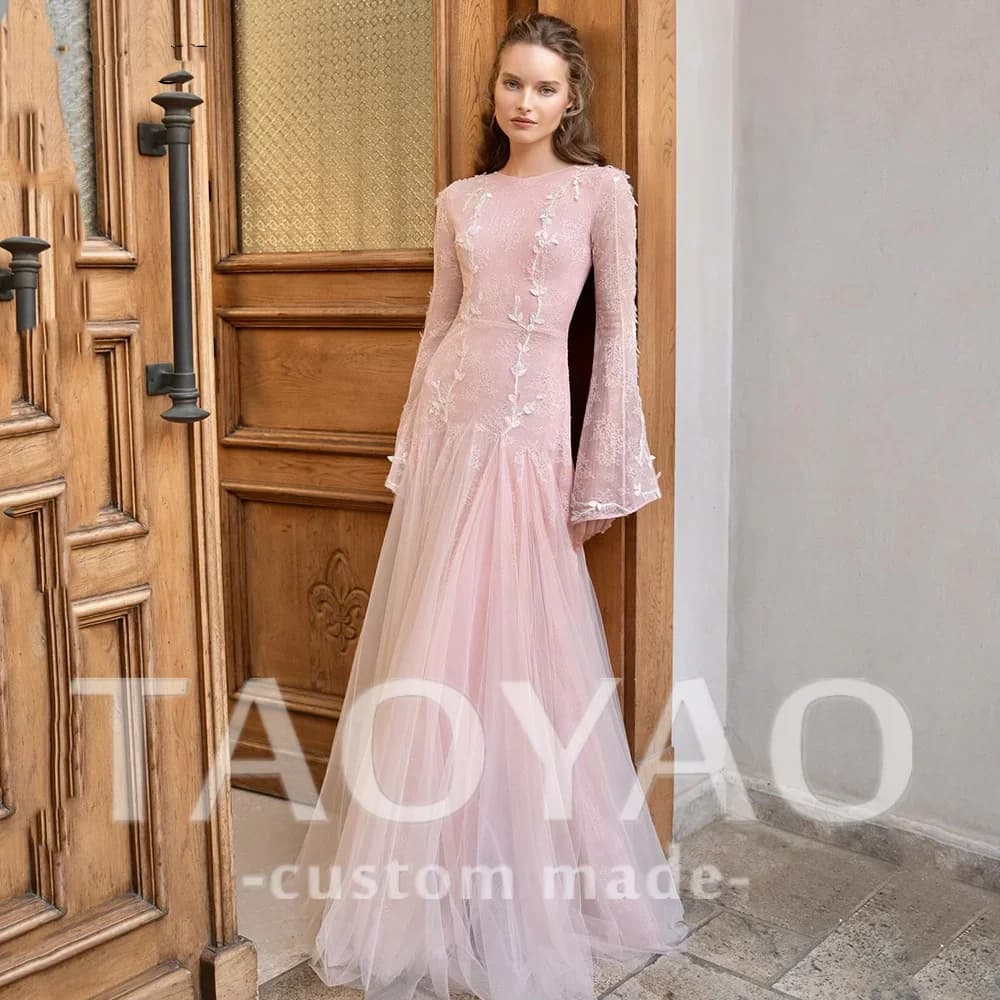 Pink Lace Applique Evening Dresses O Neck A Line 2025 Formal Occasion Dress Long Sleeves Elegant Maxi Prom Gowns Customized