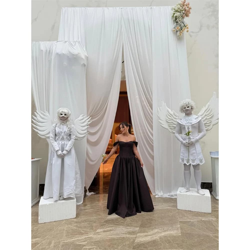 EDECPBM Satin Off The Shoulder brown A-Line Evening Dress Prom Premium Designer Beautiful 2026 Customized Robes de Soirée