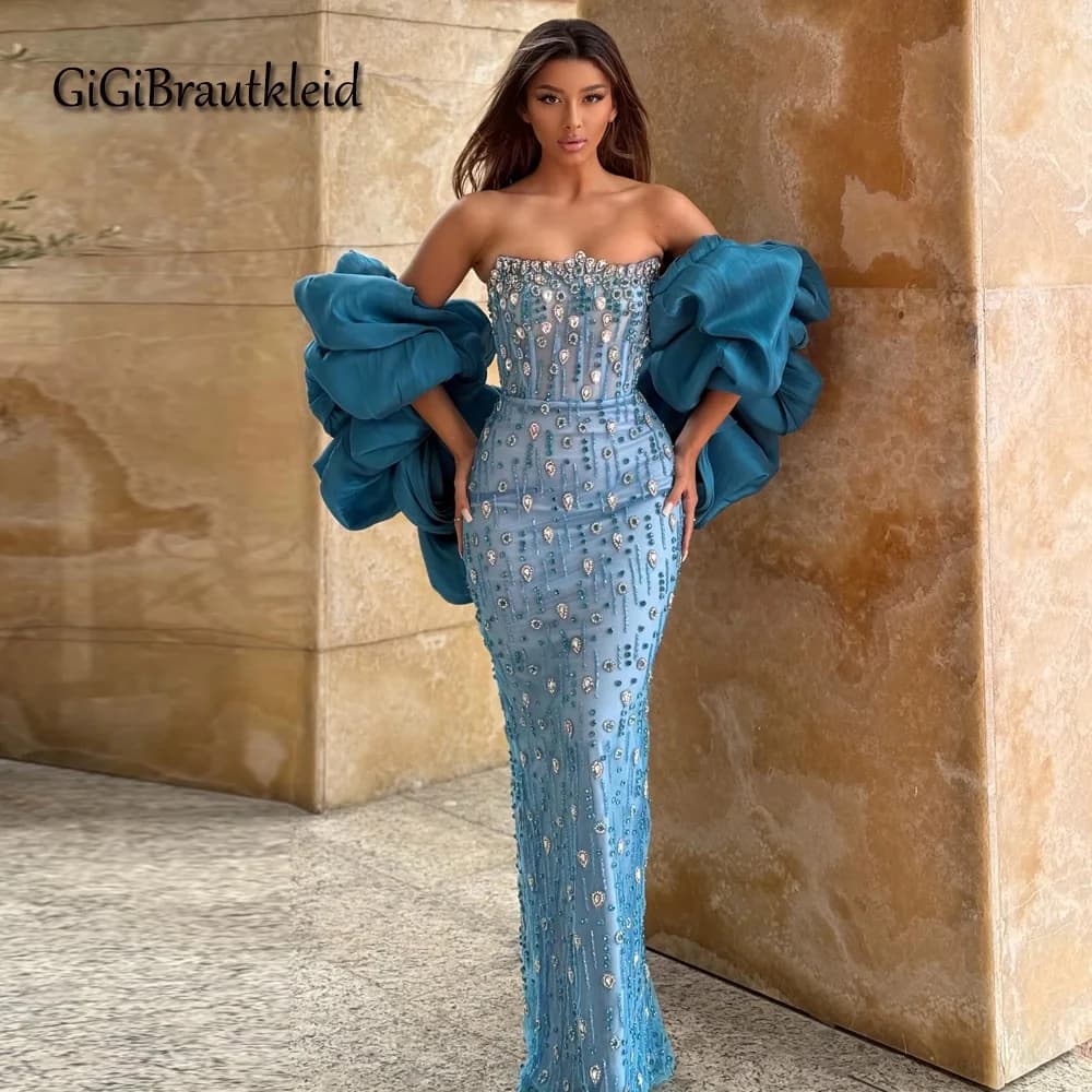 GiGiBraut Luxury Rhinestones Evening Dresses for Women Strapless Column Cloak Floor Length Party Gown Robes De Soiree Customized
