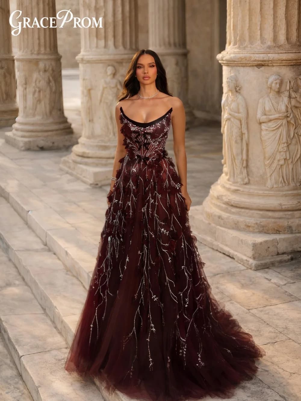 Regal Burgundy A Line 3D Flower Strapless Long Dress Ornate Scoop Neck Bow Party Dress Evening Gown Wedding Guests فساتين سهرة
