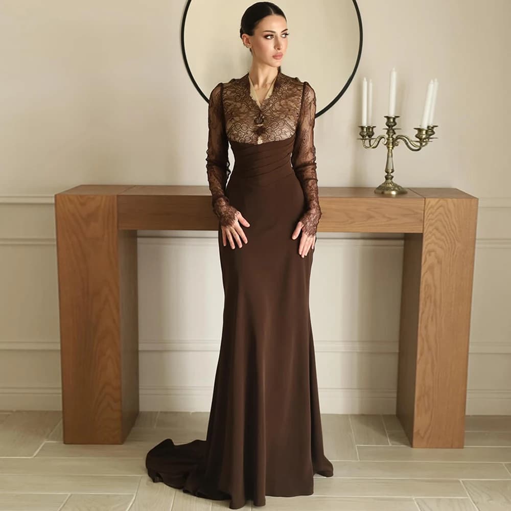 Soft Jersey V-Neck Evening Dress Mermaid Sweep Train Prom Dresses Delicate Lace Long Sleeves Customized Special Occasion Gowns