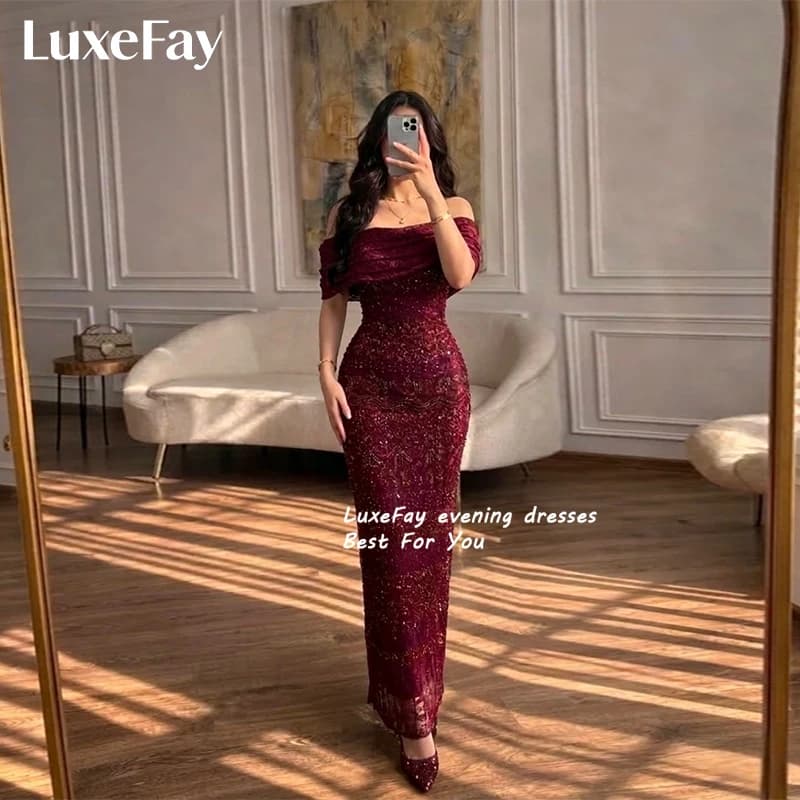 LuxeFay Customized Burgundy Off-Shoulder Evening Dress Embellished Tiered robes de soirée Slim-Fit Mermaid Prom Dress 2026