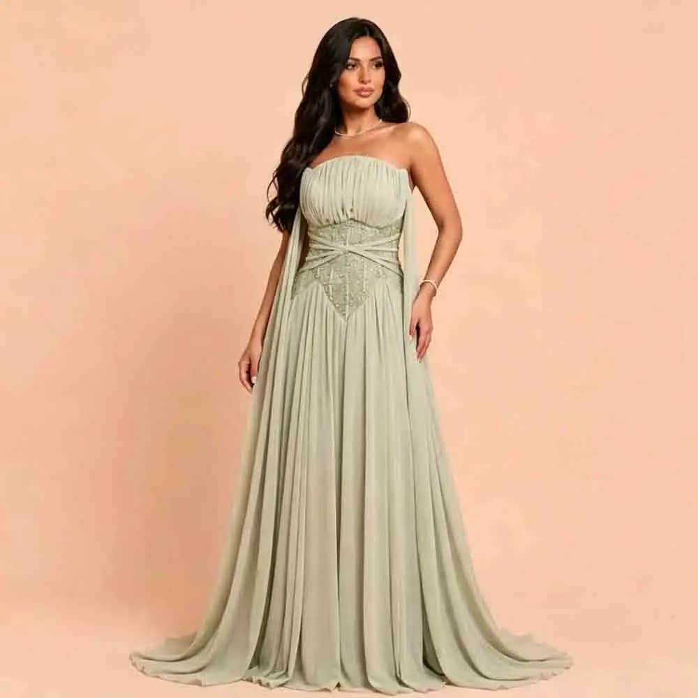 Customized Strapless Chiffon Evening Dress with Cape Sleeves Beaded Corset Formal Gown Ruched Sage Green Wedding Party Attire