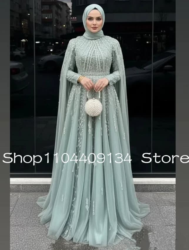 Mint Green Sparkly Muslim Evening Gala Gown with Sleeve Cape High Neck Hijab Ruched Caftan Kaftan Prom Dress Customsized