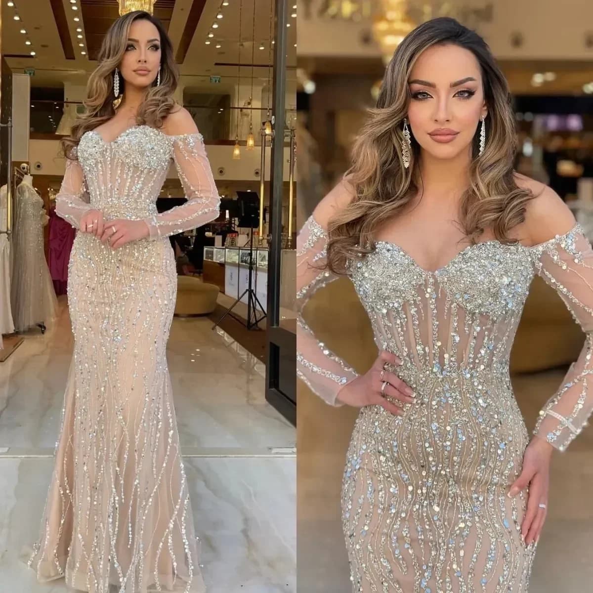Vinca Sunny Customized Champagne Mermaid Evening Dresses Dubai Beading Formal Pleats Long Sleeves Party Prom robes de soirée