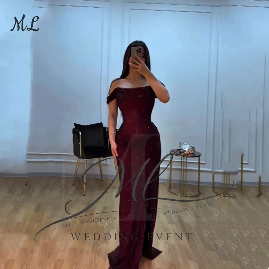 ML Burgundy Slit Sparkly Long Bespoke Occasion Gown Evening Dresses Pastrol Unisex Jersey Retro Dubai Saudi Arabic Prom Custom
