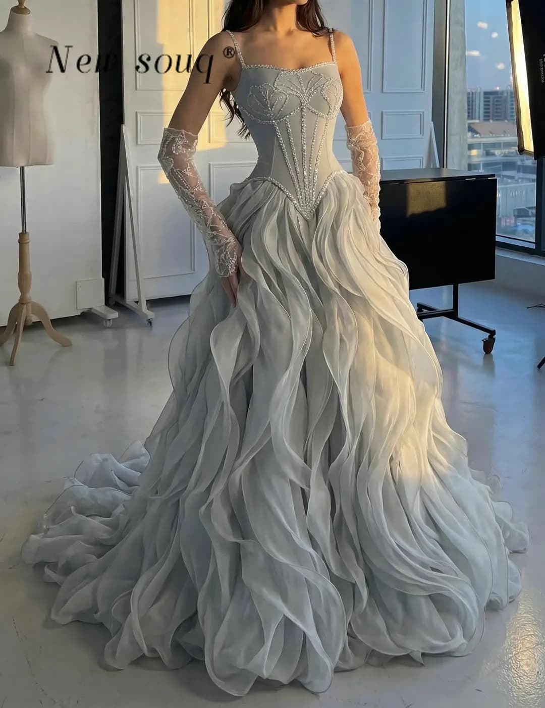 Silver Beaded Spaghetti Straps Ruffles Evening Dresses Customized Puffy A Line Long Prom Gowns Formal Wedding Party Dress