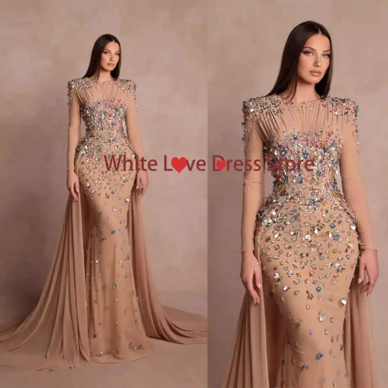 Exquisite Mermaid Evening Dress Handmade Crystal O Neck Prom Gowns Luxury Long Sleeve Floor-Length Party Dresses Customized