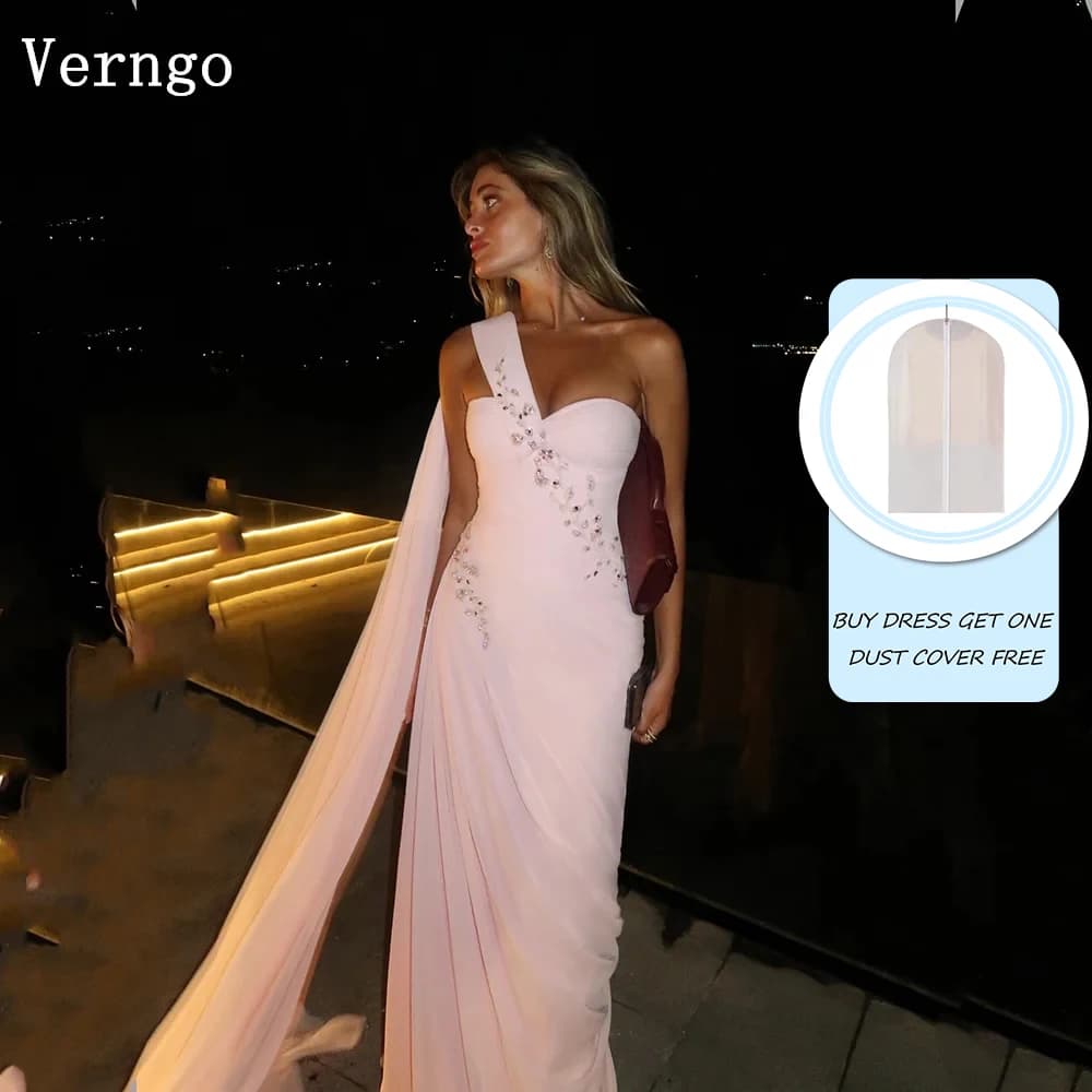 Verng Pink Chiffon Beads Formal Occasion Dresses One Shoulder A Line Prom Gowns Bridesmaid Arabic Evening Dress Customized شارون