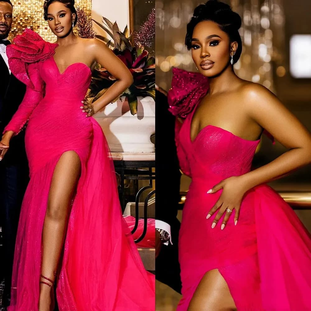 Customized Sexy One Shoulder Mermaid Evening Dresses Side High Slit Formal Party Prom Gown Long Tulle Modern Reception Dress for