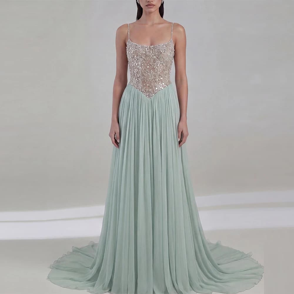 Elegant Chiffon Evening Dress Exquisite Sweep Train Prom Dresses Fashion Sequined Beading Customized Special Occasion Gowns
