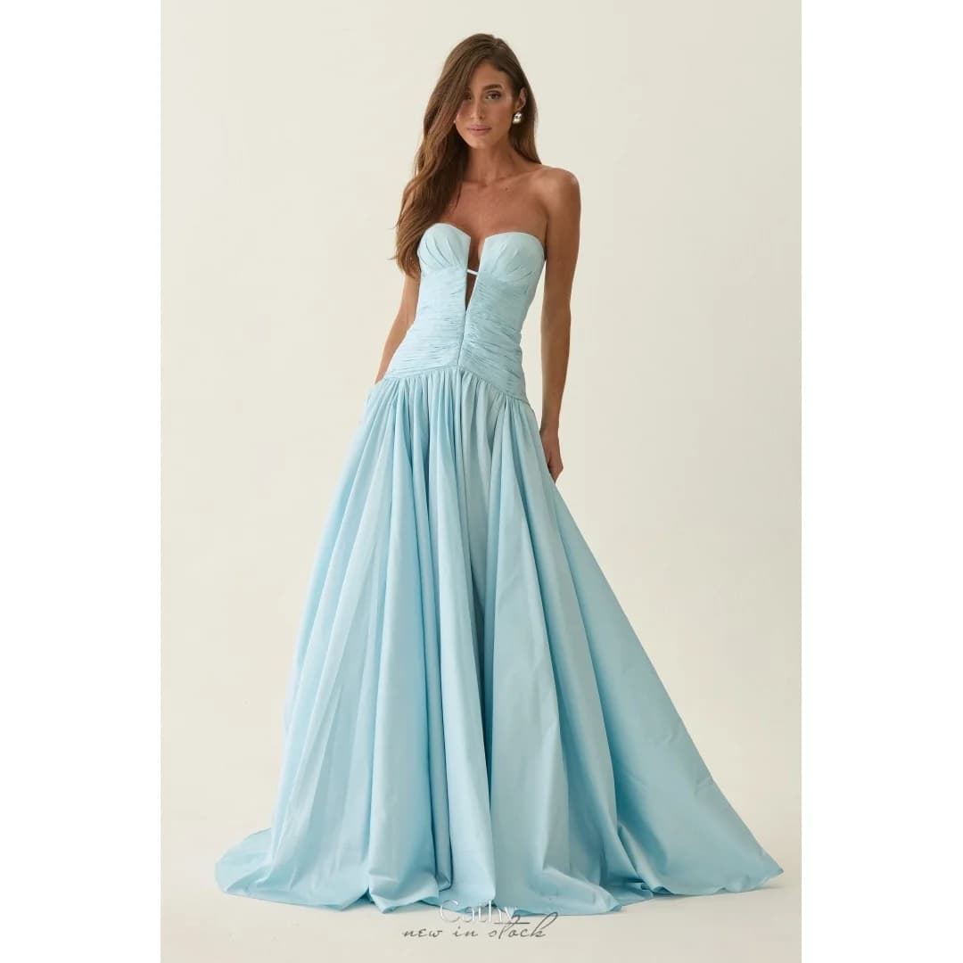 Cathy Customized Light Blue Strapless Pleated Prom Dress Sleeveless A-line Zip Back vestidos de noche Floor-length Evening Dress