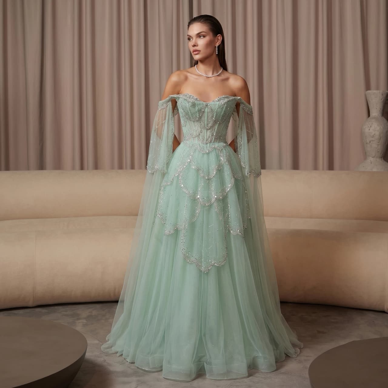 Sharon Said Elegant Off Shoulder Sage Green Evening Dress with Cape Sleeves Sweetheart Luxury for Weddig Party SS215 Customized