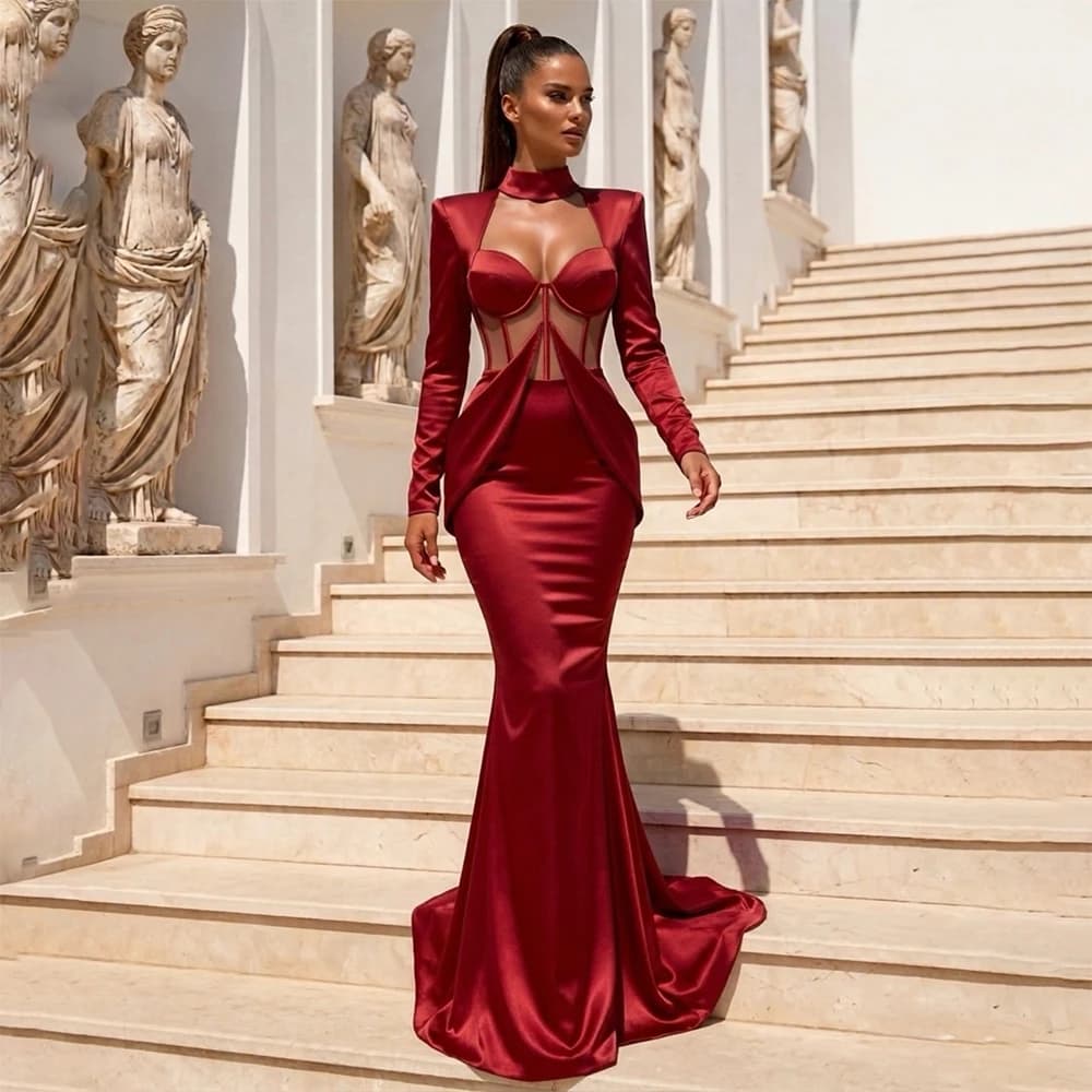 Formal Red Satin Evening Dresses for Elegant Women High Quality Long Sleeve Chapel Train Sheath Prom Dress Illusion Gowns