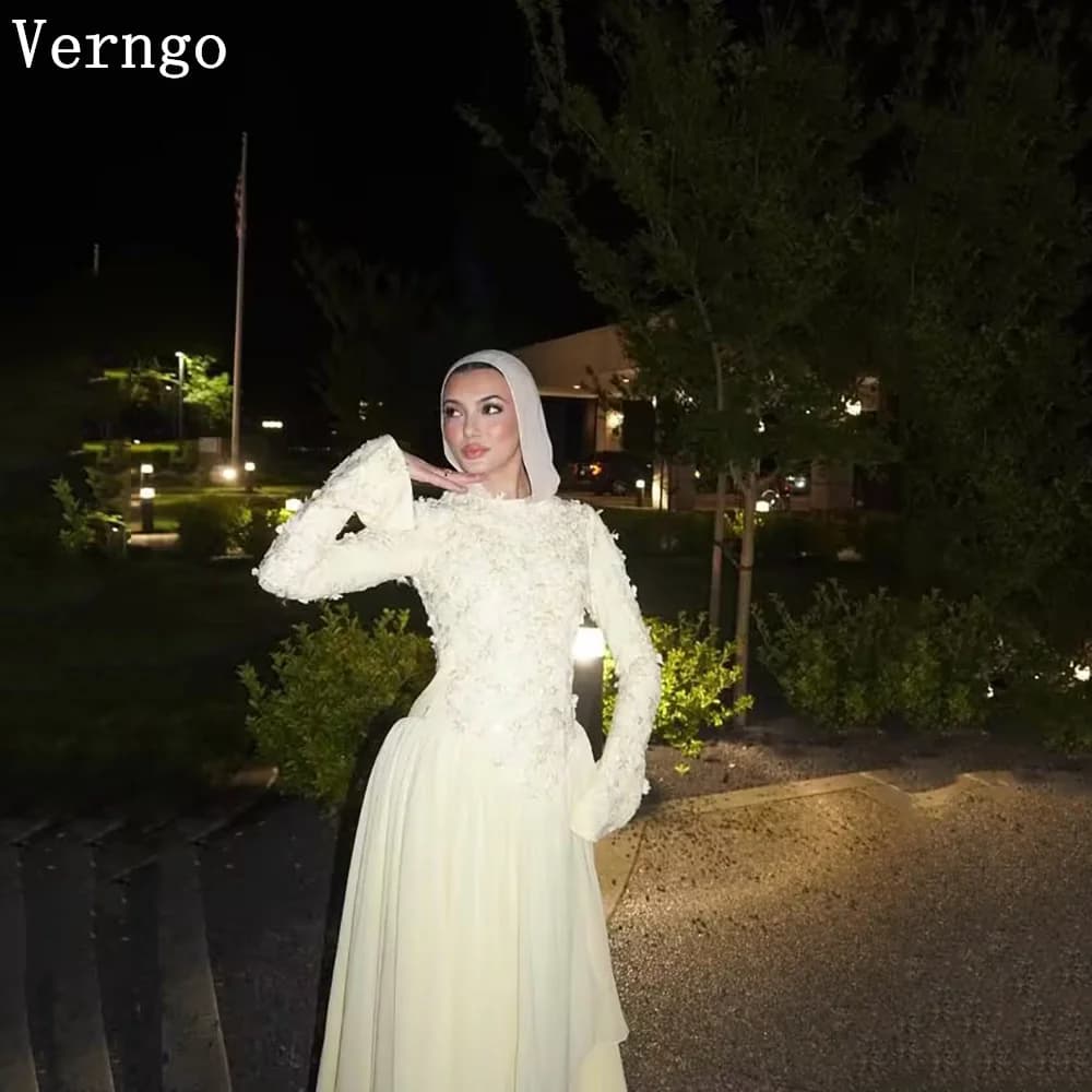 Verngo Luxury Yellow Crepe Evening Dress Appliques O Neck Full Sleeves A Line Prom Dresses Modest Party Gowns 2026 Customized