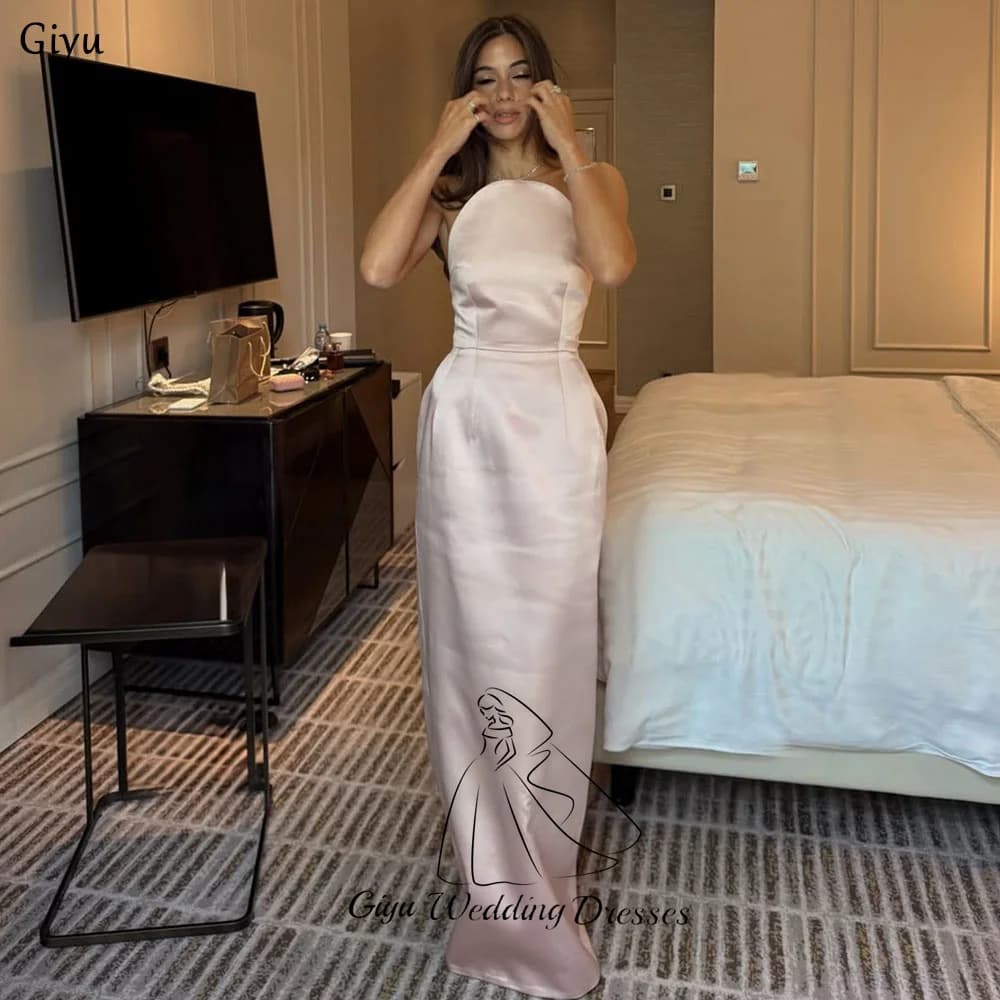 Giyu Elegant Pink Mermaid Trumpet Evening Gown Dress Strapless Sleeveless Prom Gown Customized Satin Back Tie Party Dress