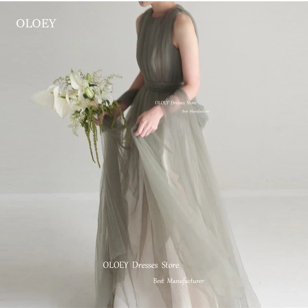 OLOEY Fairy Tulle A Line Korea Dresses Wedding Photo shoot Customised Jewel Neck Floor Length Prom Gowns Bride Dress Elegant