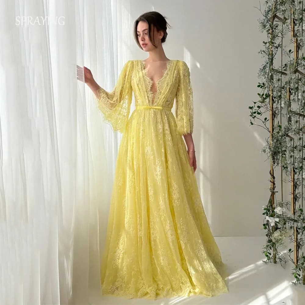 SPRAYING Luxury Yellow Lace Evening Dresses Sexy V-Neck Long Sleeves Party Dresses A-line Long Special Event Dresses Customized