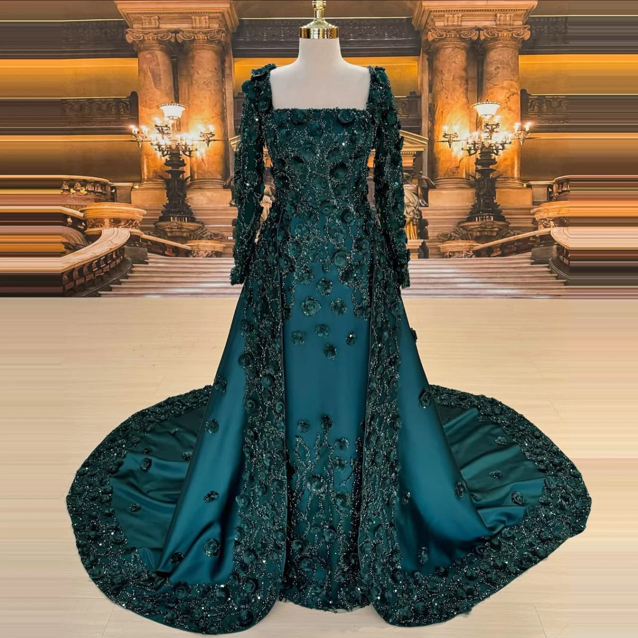 Embroidered beaded evening gown with square neckline long sleeves train Formal occasion retro palace style dinner dress