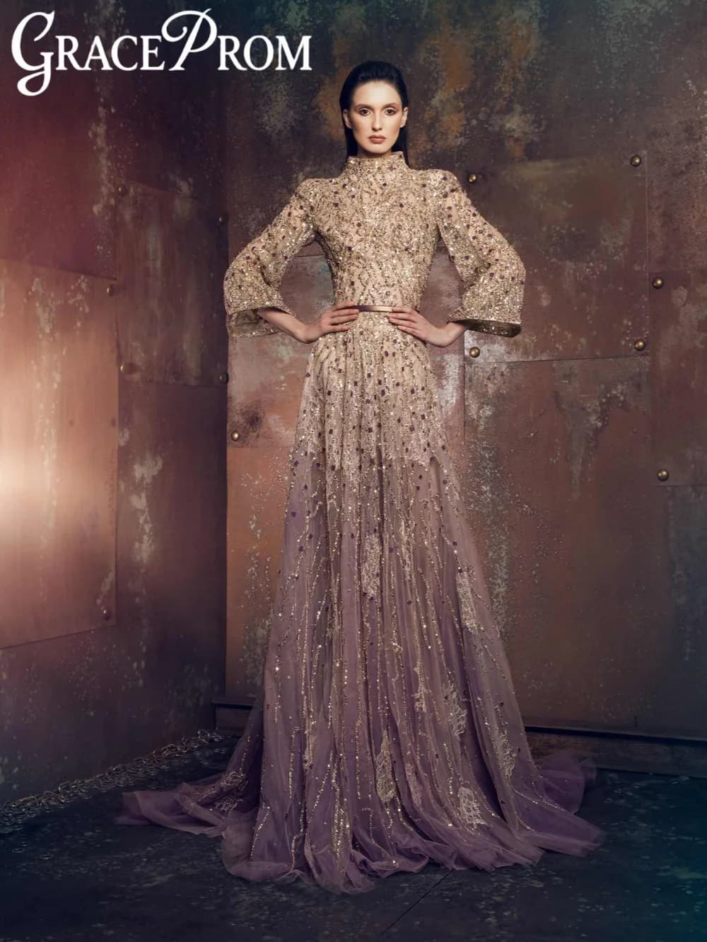 Golden Beaded Lace Illusion Evening Dress Exquisite High Collar Wedding Party Gown Customized Graceful A-line Long Prom Dresses