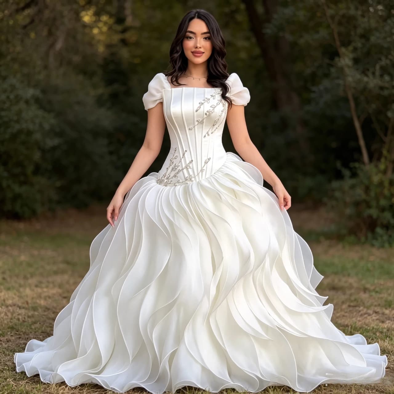 Customized Romantic Bridal Gown Featuring a Square Neckline, Structured Corset Bodice with Beaded Details
