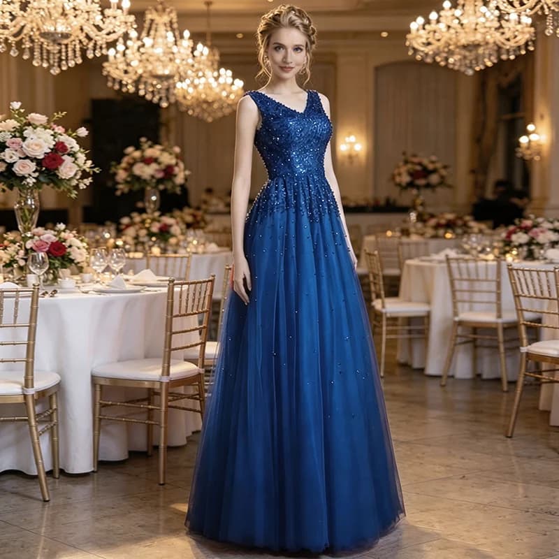 Royal Blue V-Neck Sleeveless Evening Dress A-Line Beaded Tulle Floor Length Formal Party Prom Gown Lace up Back for Women 2026