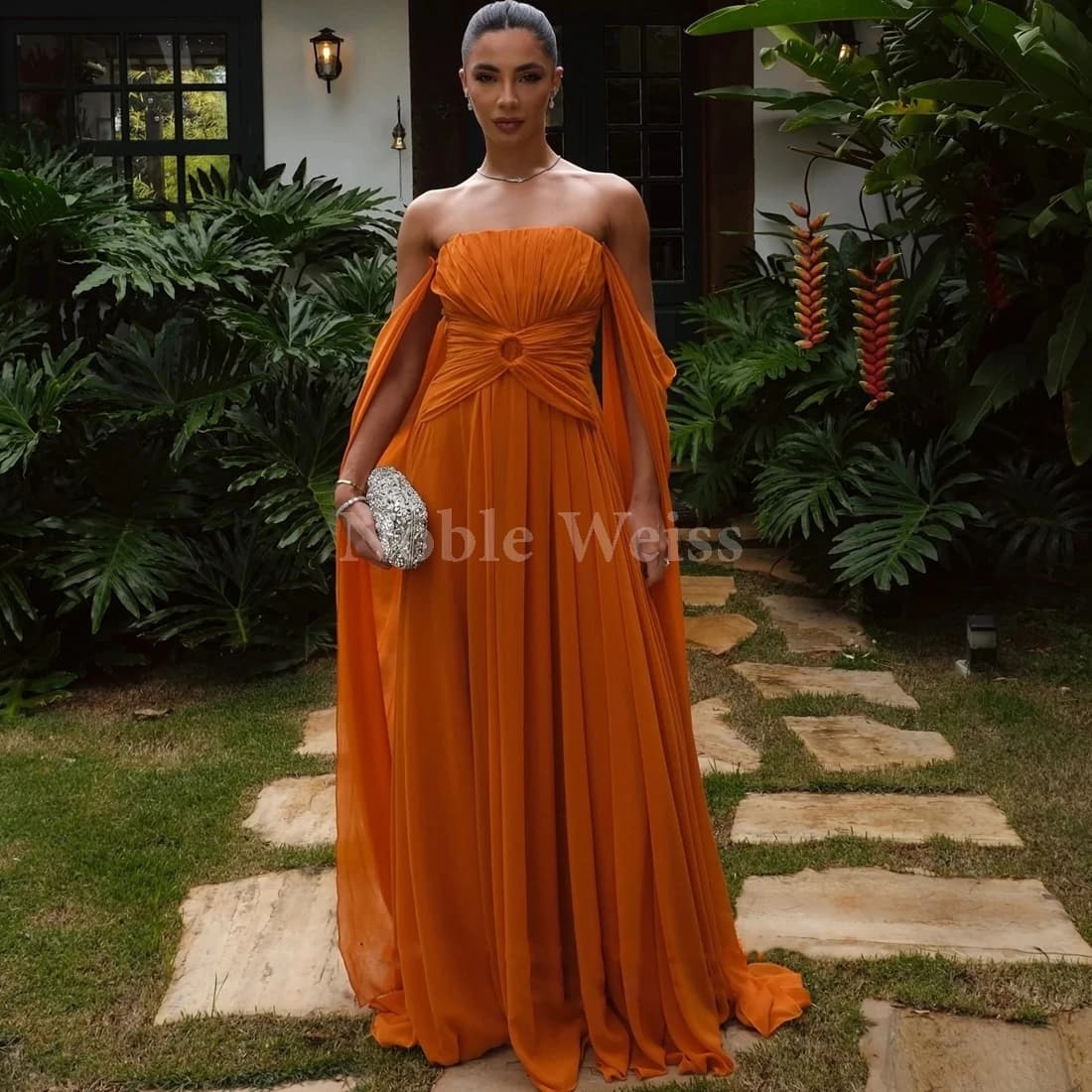 Strapless Chiffon Evening Dress Elegant A Line Prom Party Dress Pleated Customize