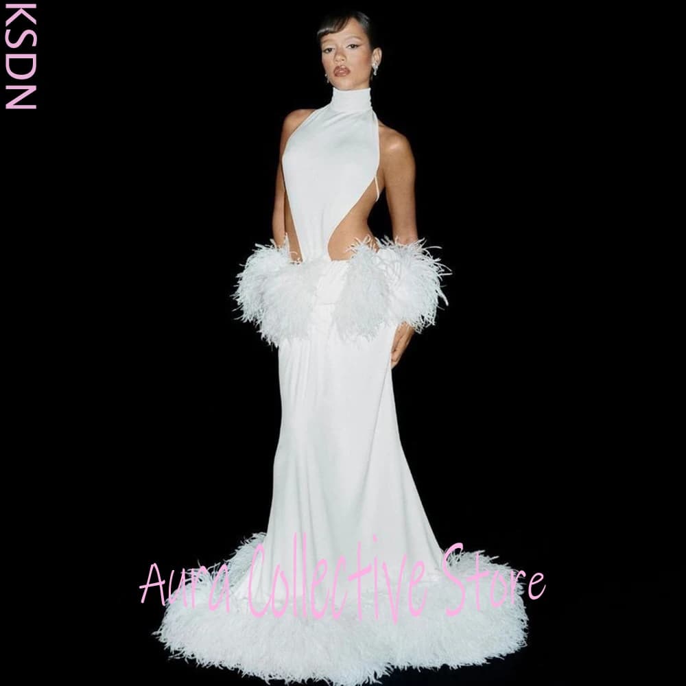 White Halterneck Cutout Evening Gown Floor-Length Dress with Feather Accents on Waist and Train Luxurious Formal Party Outfit