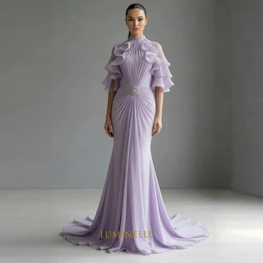 Customized Purple Intricate Luxury Chiffon Pleat Draped Beading Sequined Rhinestone Mermaid High Collar Evening Dresses 2026