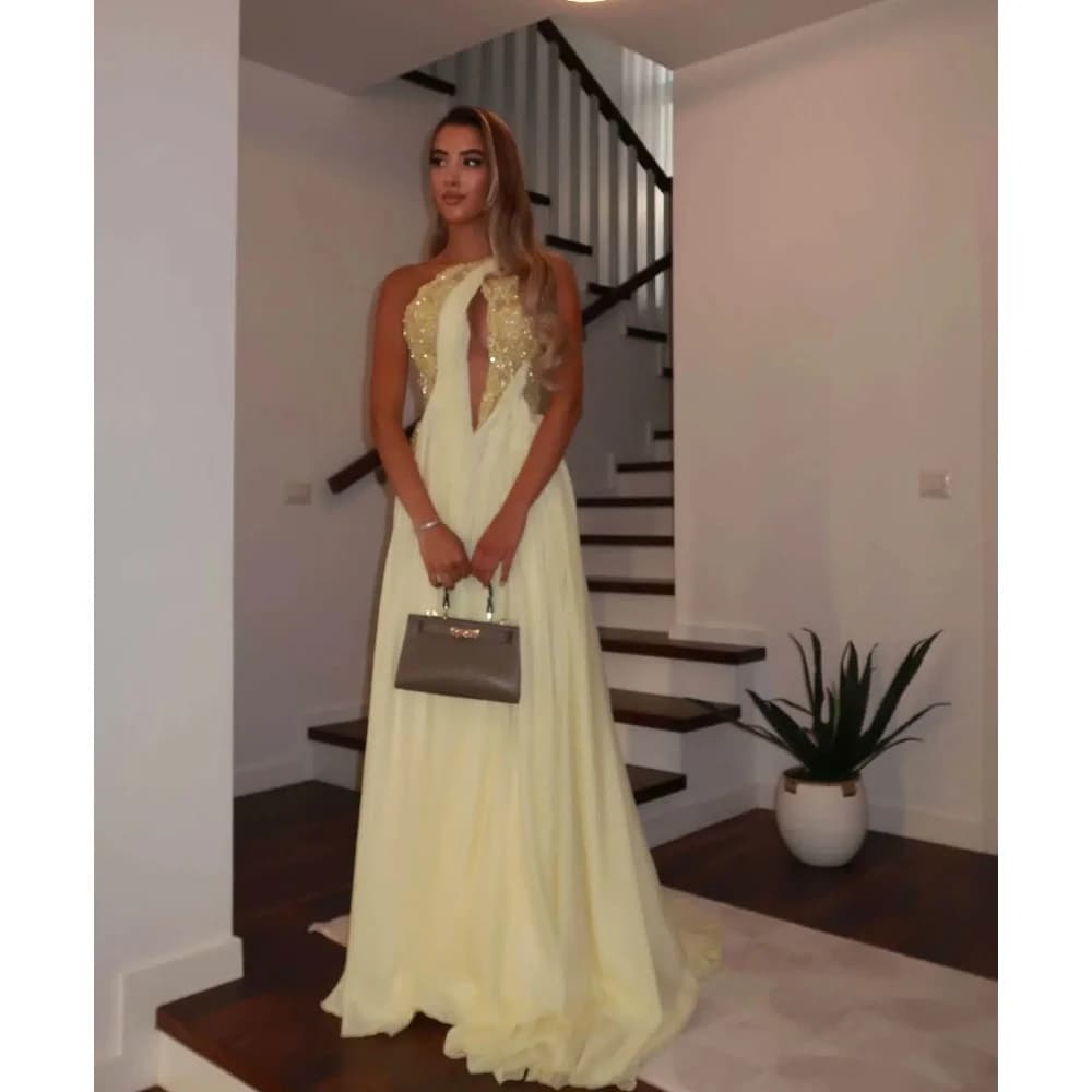 One Shoulder Yellow Evening Dresses Glitter Lace Soft Chiffon Prom Gowns Sleeveless A Line Customized Special Occasion Gowns