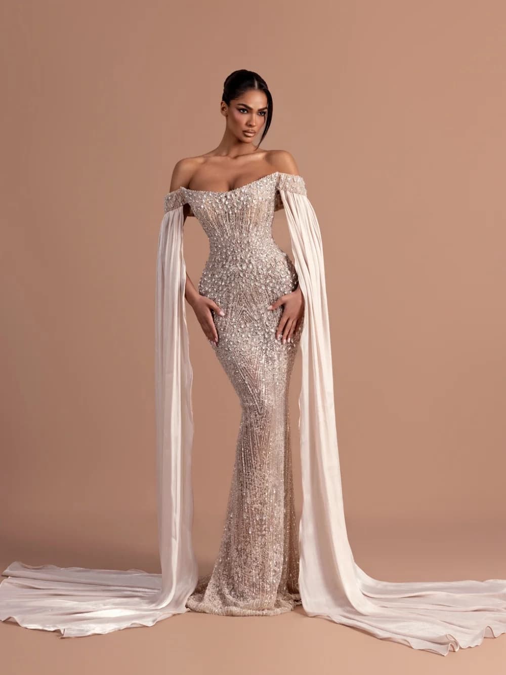 Blush Nude Crystal Party Dress Off Shoulder Flowing Sleeves Evening Gown 2026 For Wedding Guests فساتين سهرة Formal Prom Dress
