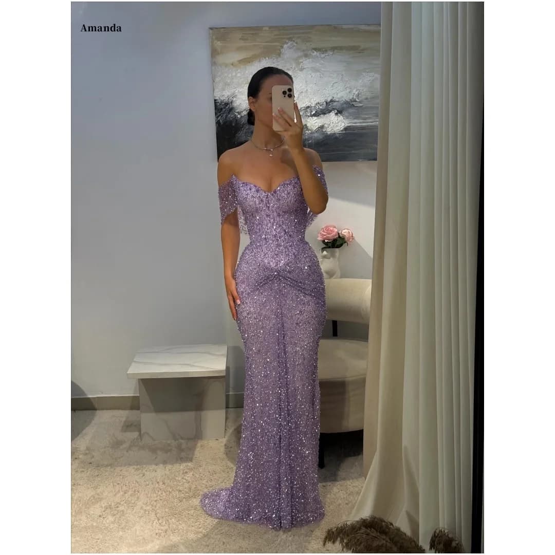Amanda Customized Purple Sequins Off The Shoulder Prom Dress Mermaid Strapless vestidos de noche Backless Formal Evening 2025