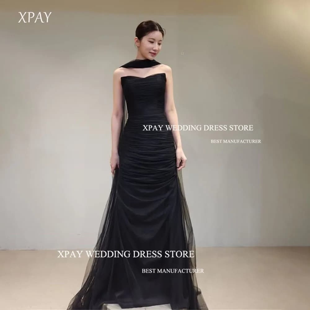 XPAY Black Mermaid Strapless Korea Wedding Dresses Customised Photoshoot Soft Pleat Tulle Scarf Floor Length Elegant Bridal Gown
