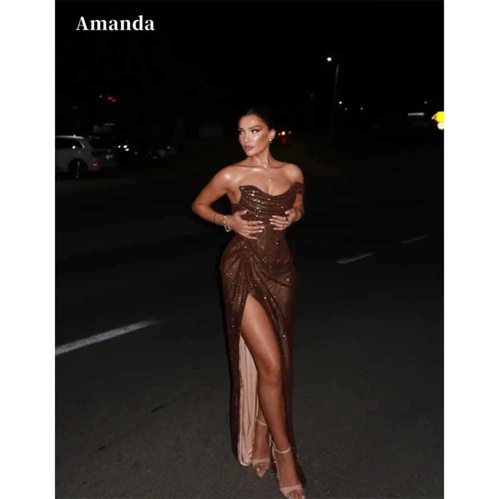 Amanda Customized Mermaid One Shoulder Glitter Prom Dresses Draped Sleeveless vestidos de noche Luxury Side Split Formal Evening