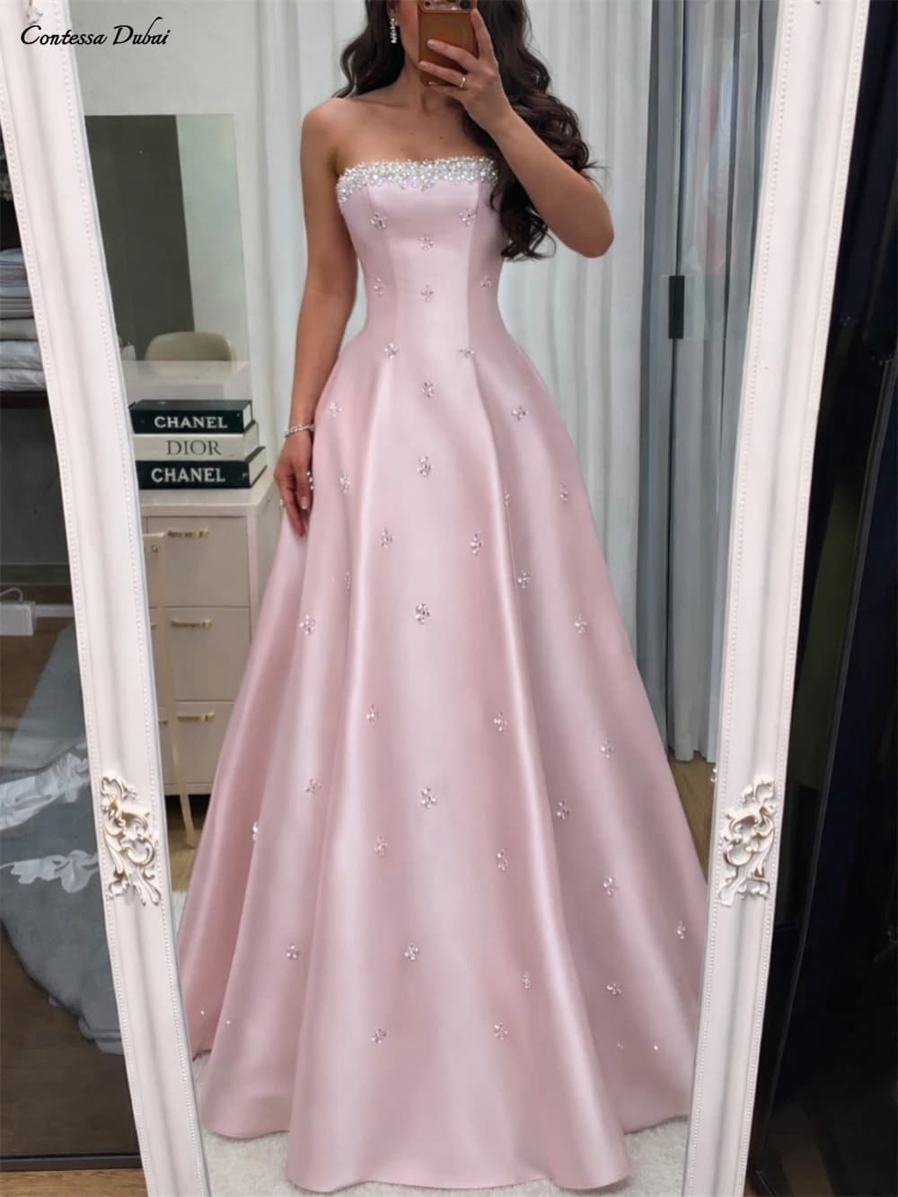 Contessa Customized Strapless Crystal Beaded Neckline Luxury Evening Dress French Robes De Soirée Floor Length A Line Ball Gown