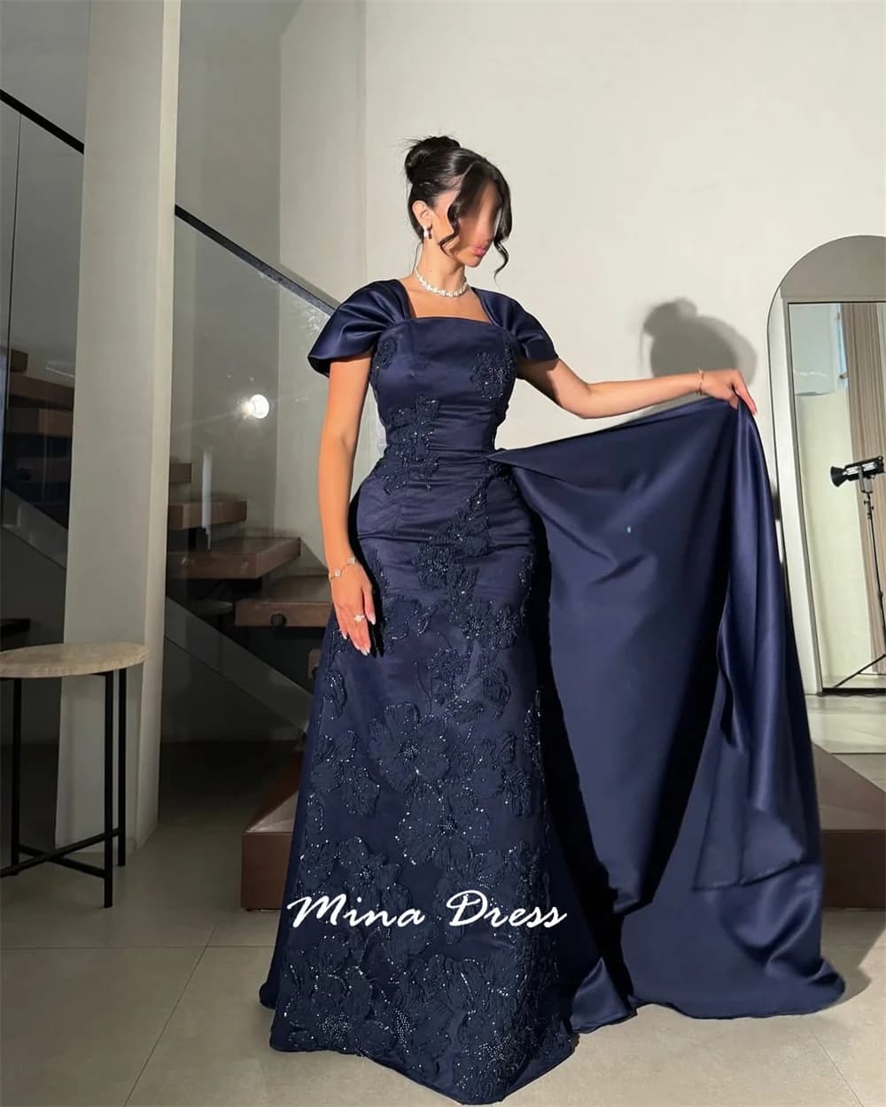 Mina Customized Short Sleeve Sequin Lace Applique Square Collar Prom Dresses for Luxury Party Elegant Womens Dresses Evening