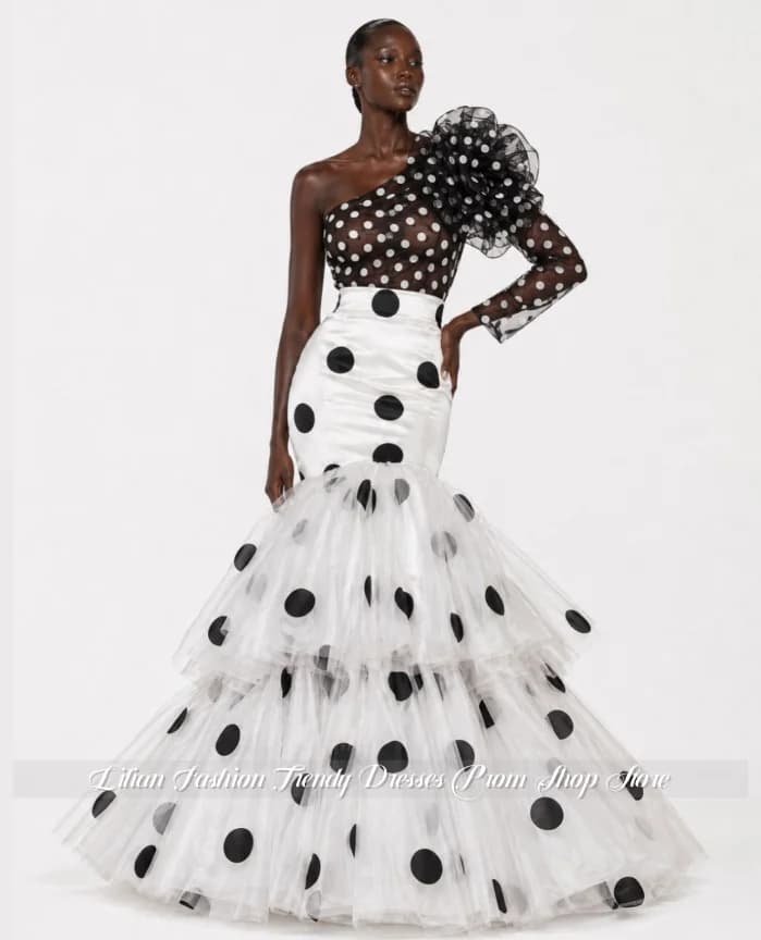 Customized Polka-Dot One-Shoulder Evening Gown Sheer Color-Blocked Mermaid Prom Dress Red Carpet Gown Engagement Dress 2026