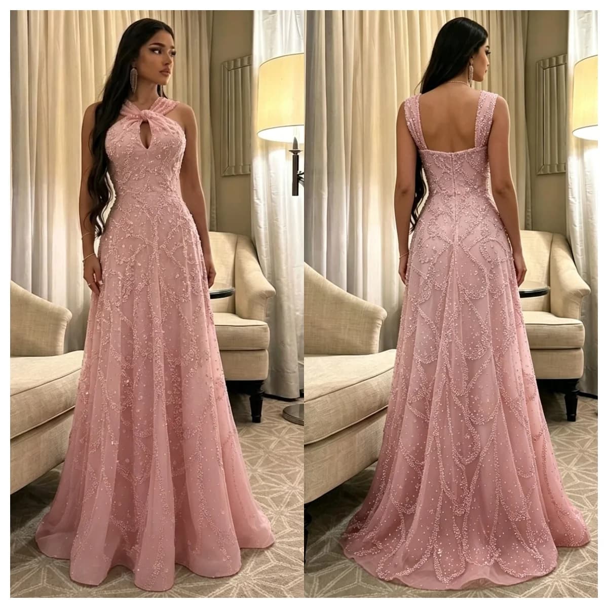 2026 New Pink Beaded Evening Gown Twisted Halter Neck A-Line Skirt Dubai Arabian Style Ladies Formal Party Dress Customized