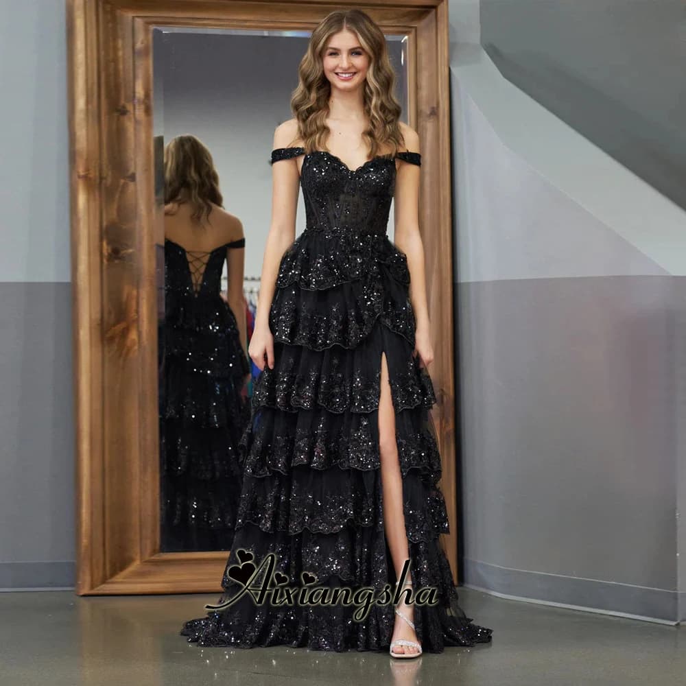 Luxury Gliiter Lace Prom Dress Black Embroidery Lace Vestidos De Noche Sexy Off Shoulder Edge Curl فساتين سهره فاخره