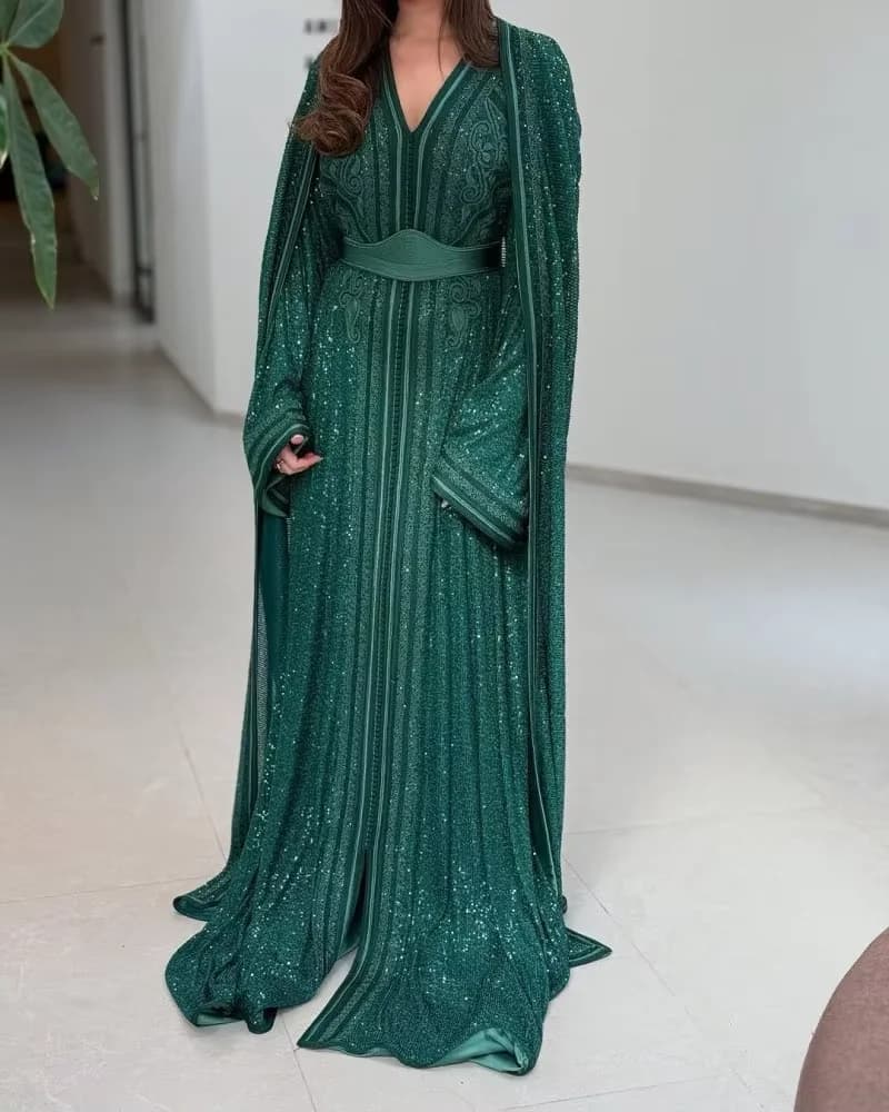 Green Moroccan Kaftan Muslim Evening Dresses A-line Long Sleeves Sparkly Dubai Arabic Abaya Islamic Gown Customized