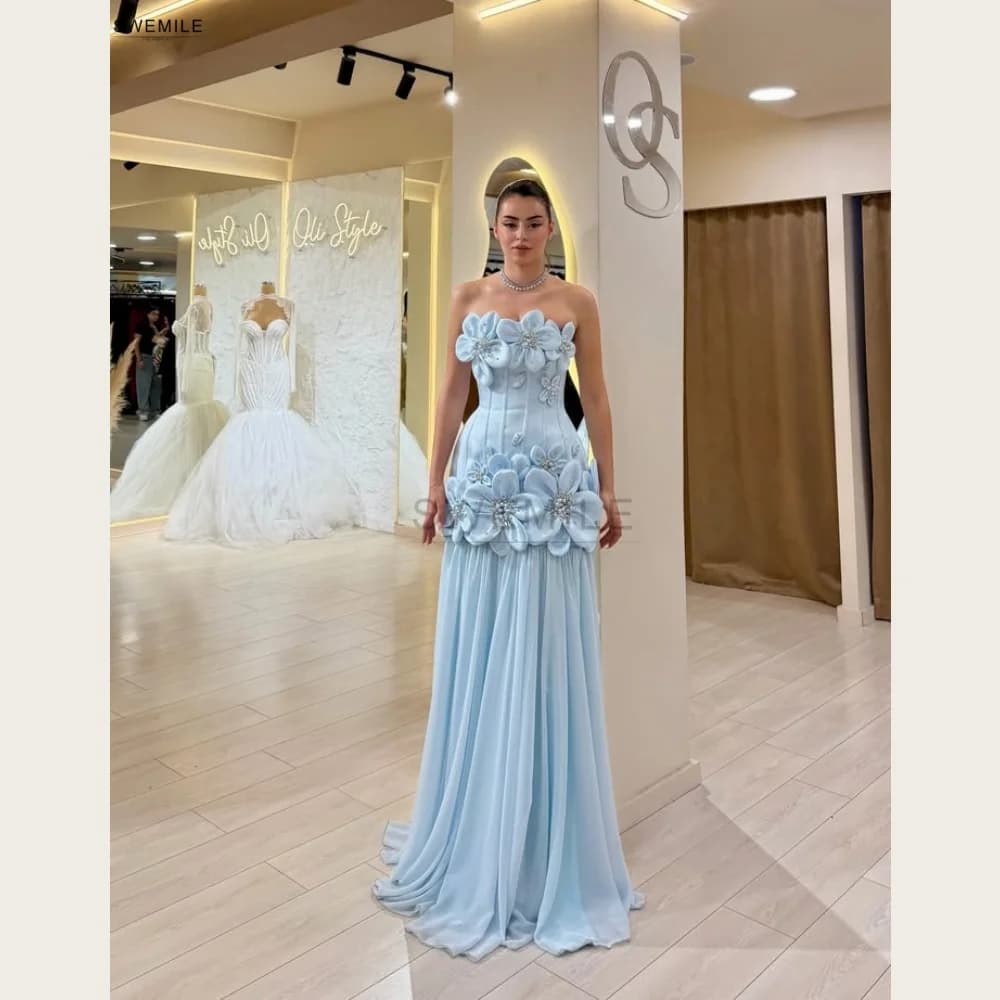 SWEMILE Strapless Formal Evening Dresses Light Blue Floral Appliques Pleat Chiffon Hem A-Line Prom Dress Customized Party Gowns