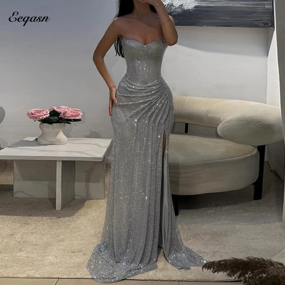 Customized Strapless Glitter Prom Dresses Side Split Sleeveless vestidos de noiva Floor-Length Formal Evening Gown Mermaid