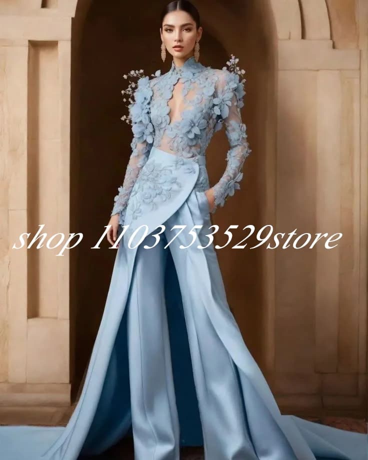 Sky Blue Jumpsuit Prom Dresses with Overskirt Sheer Long Sleeve 3D Floral Applique High Neck Evening Gown Suit Customsized