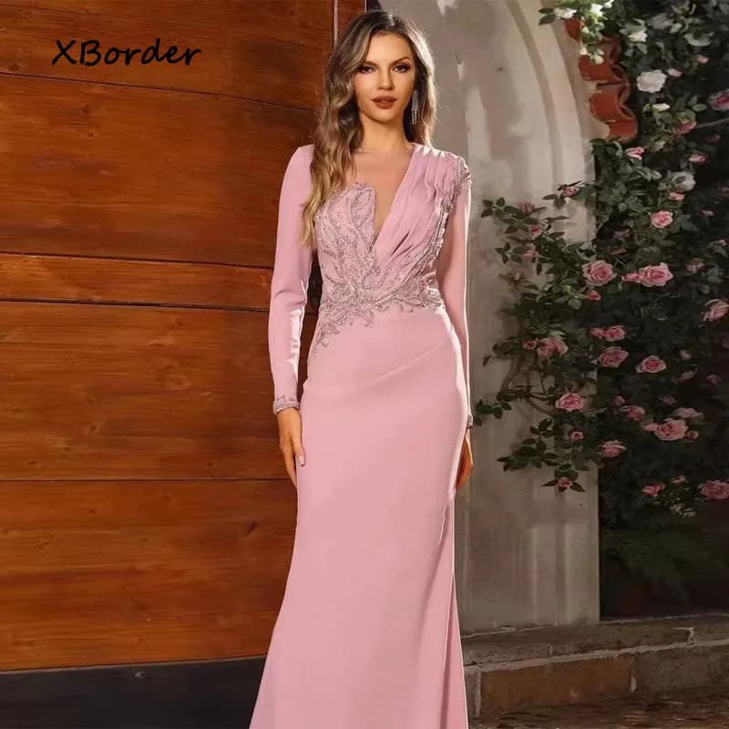 Customized Evening Dress Beaded Applique Long Sleeves Pleated Mermaid Formal Gown for Prom Gala Wedding Guest