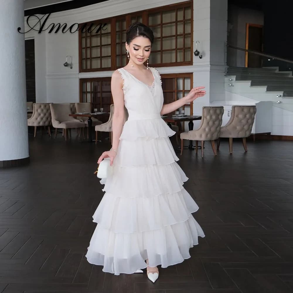Amour Customized A-line Evening Dresses Chiffon V-neck Lace Tiered Dresses Ankle-length Sleeveless Formal Party Prom Gowns 2026
