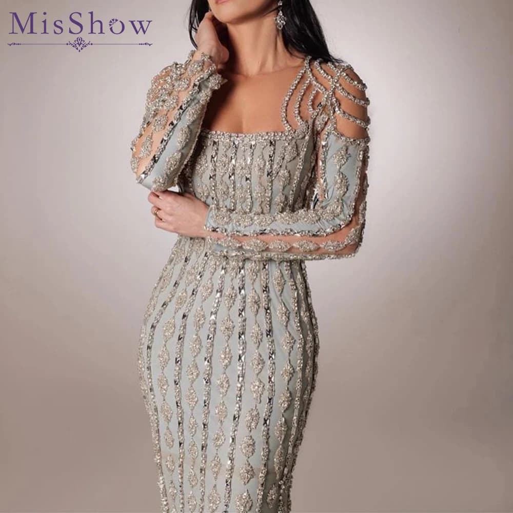 MisShow Customized Gray Mermaid Beaded Cut Out Evening Dresses Gowns For Wedding Party 2026 Long Sleeves Floor Length Evening