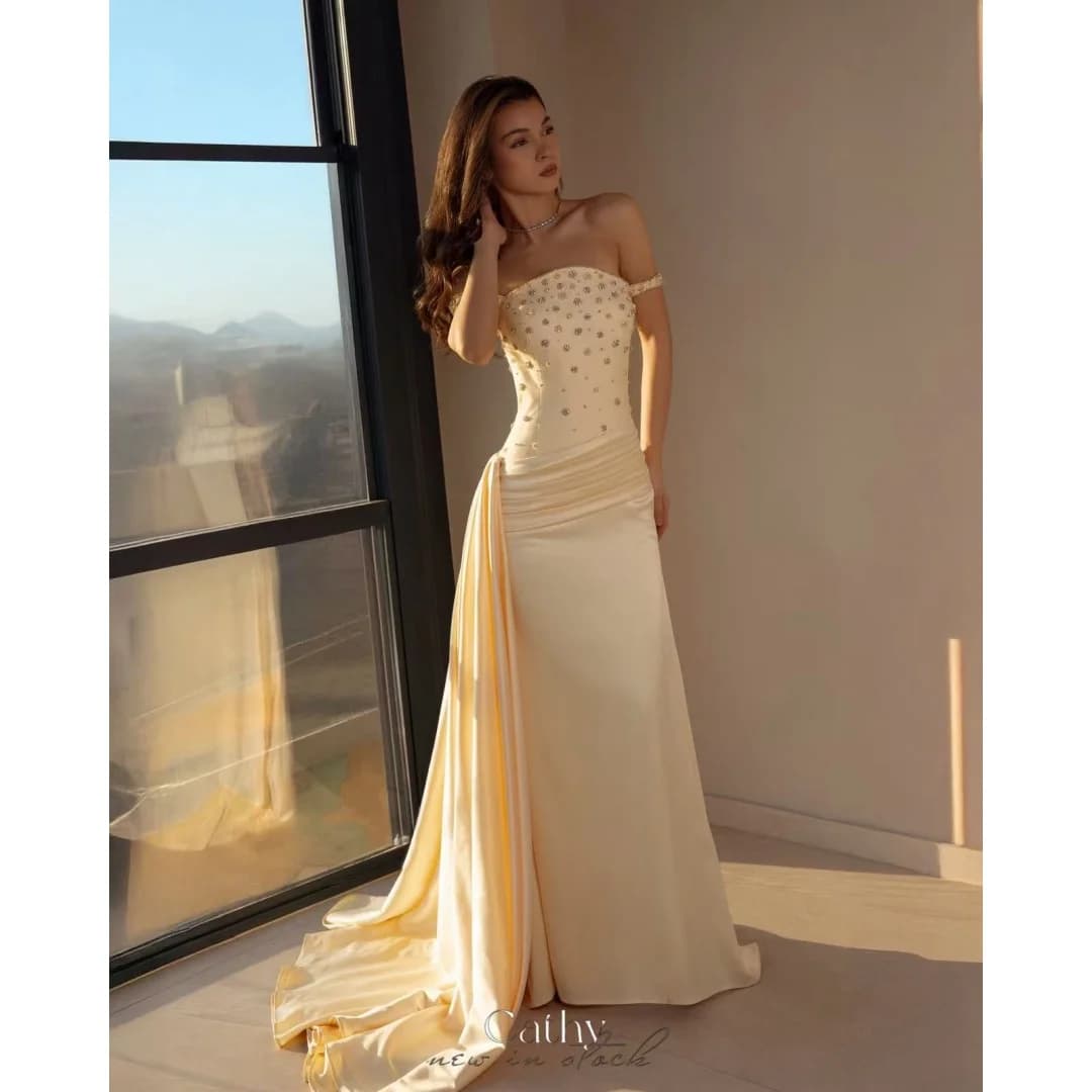 Cathy Customized Yellow Diamonds Side Tail Prom Dress Off The Shoulder Pleated vestidos de noche Mermaid Floor-Length Formal