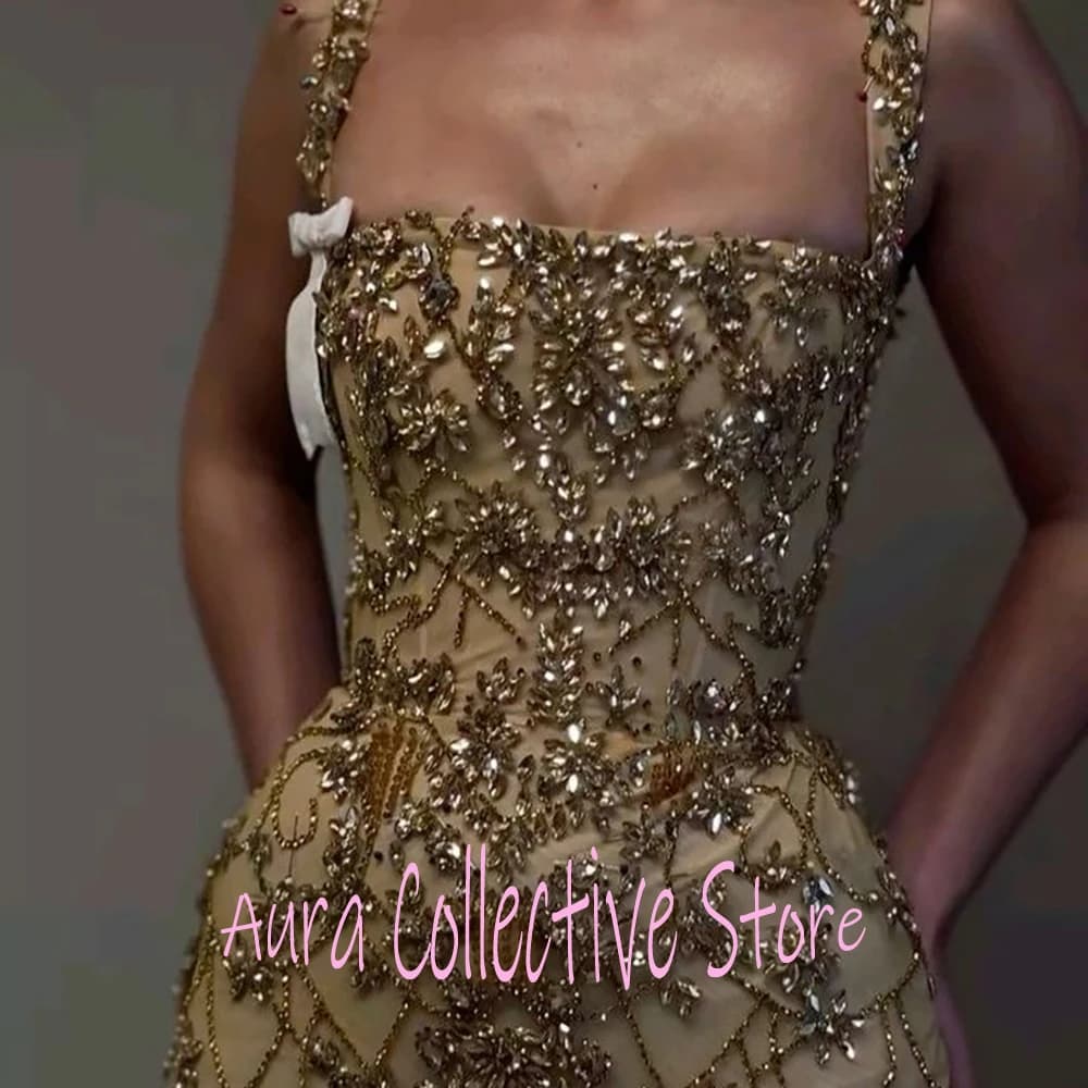 Luxury Rhinestone Embellished Evening Gown Gold Beaded Sleeveless Cocktail Dresses Sparkly Prom Dress for Special Occasions