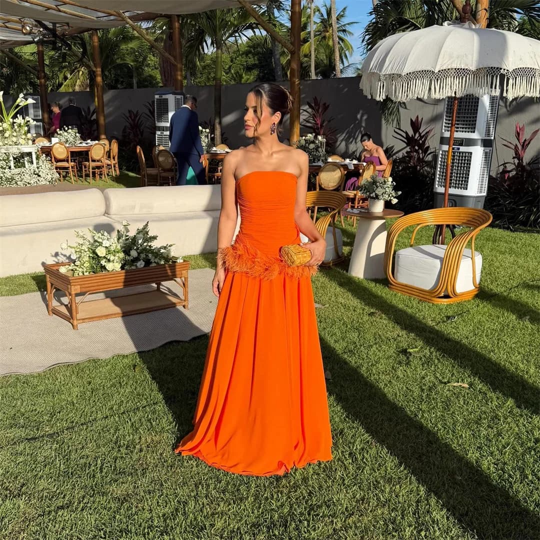 EDECPBM Chiffon Strapless Orange A-Line Evening Dress 2026 Prom Dress Elegant Formal Evening New Customized Robes de Soirée
