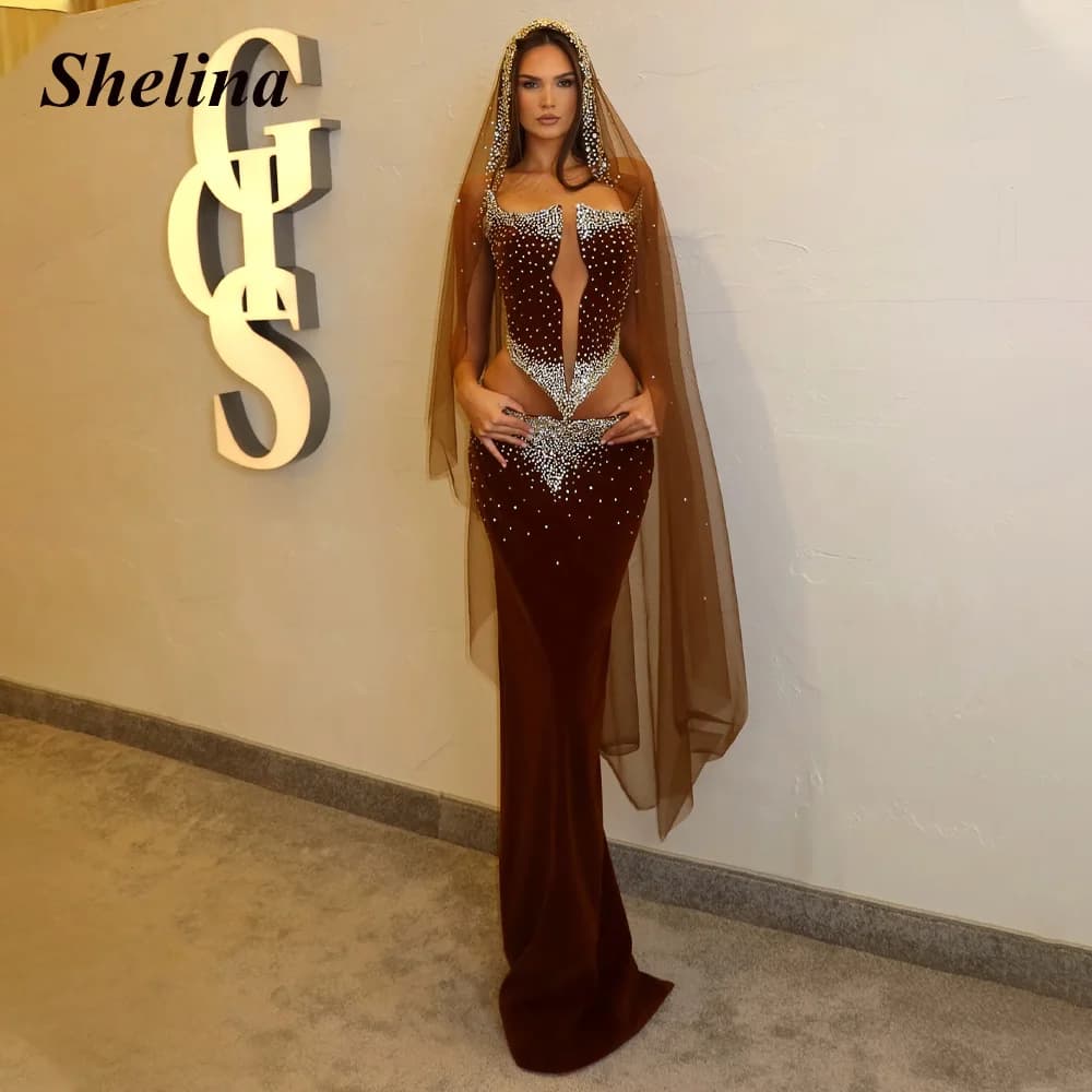 Shelina Fashionable Cut-out Evening Dress Rhinestones Scoop Neck Sleeveless Mermaid Pageant Vestidos De Gala Customized